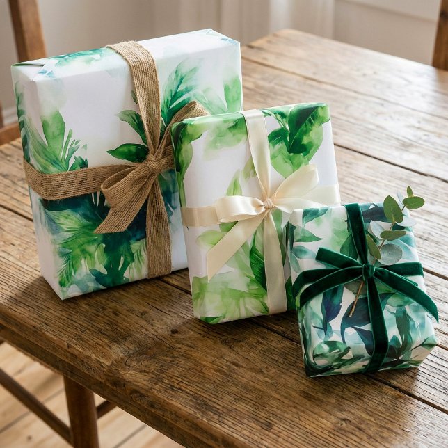 Pflanze tropisches grünes botanisches Landhaus Geschenkpapier Set (Tropical leafy green botanical house plant wrapping paper sheets.)