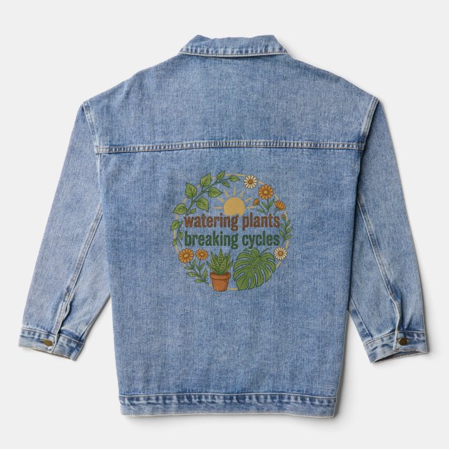 Pflanzen gießen, Kreisläufe durchbrechen Retro Bot Jeansjacke (Rückseite)