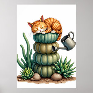 Pflanzeneltern Katze Schlummern Sukkulenten Aquare Poster