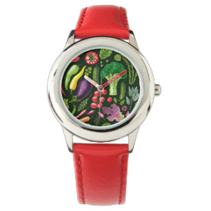 Pflanzliche und Kräuter Gartenernte auf schwarz Armbanduhr