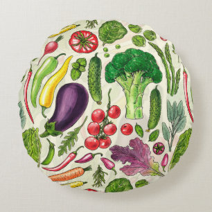 Pflanzliche und pflanzliche Gartenernte auf weißem Rundes Kissen