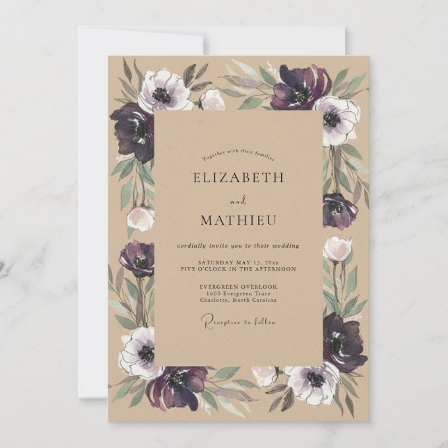 Pflaume Anemone Kraft Hochzeit Einladung (Vorderseite)