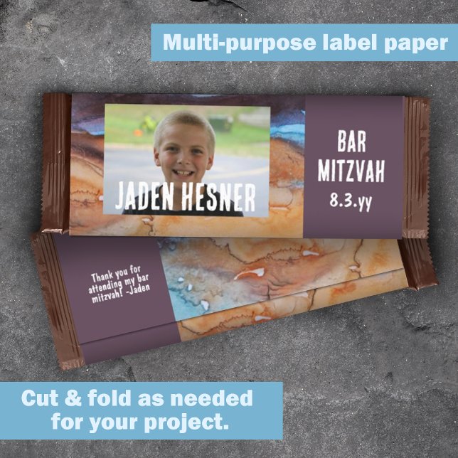 Pflaume, Beige Bar Mitzvah Custom Candy Bar Wrappe (bar mitzvah chocolate candy bar wrapper label, beige plum purple DIY budget cheap alternative)