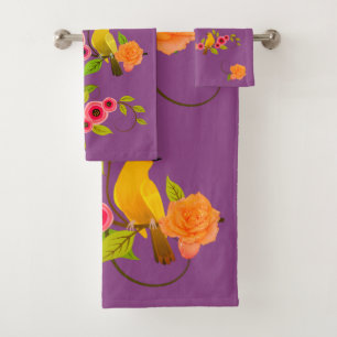 Pflaume - Bird & Yellow Rose Badhandtuch Set