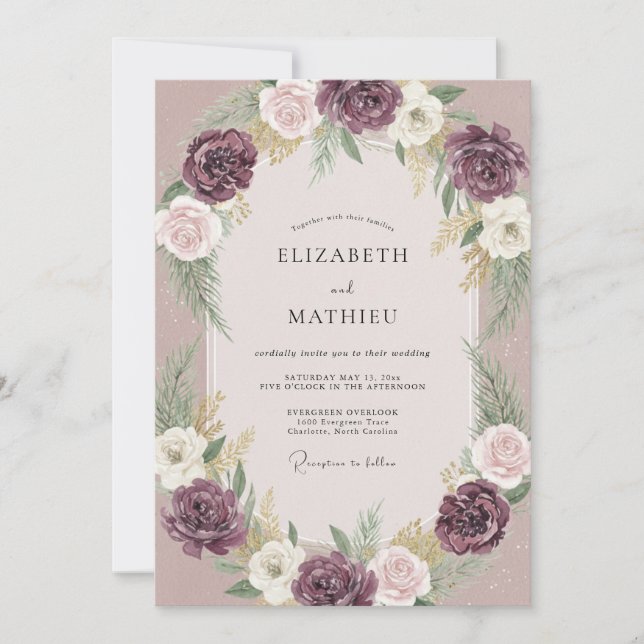 Pflaume Exquisite Winterhochzeit Einladung (Vorderseite)