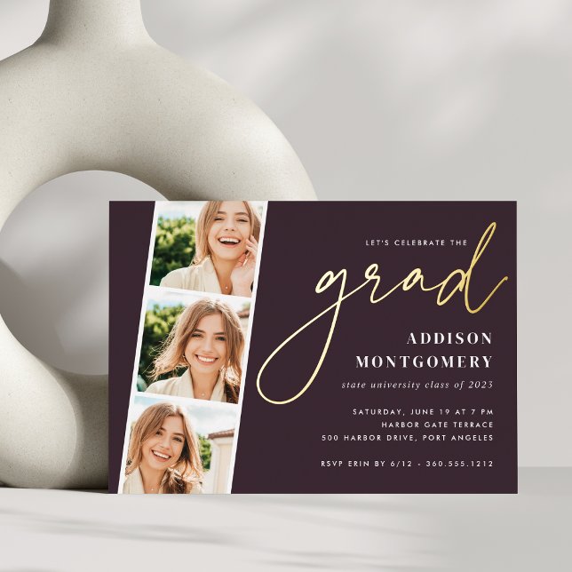 Pflaume | Foto Strip Graduation Party Gold Folieneinladung (Von Creator hochgeladen)