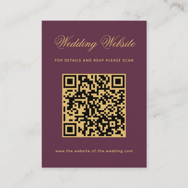 Pflaume Gold Hochzeits-Website QR-Code Weinrot Begleitkarte (Vorderseite)