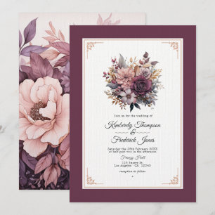 Pflaume, Grau, Kupfer und Dusty Rose Blumenhochzei Einladung