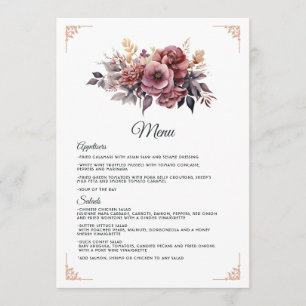 Pflaume, Grau, Kupfer und Dusty Rose Blumenhochzei Menükarte