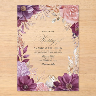 Pflaume, Graue, Kupfer und dusty Rose Blumenhochze Acryleinladungen