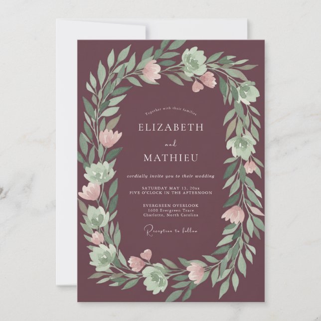 Pflaume Grüne Florale Hochzeit Einladung (Vorderseite)