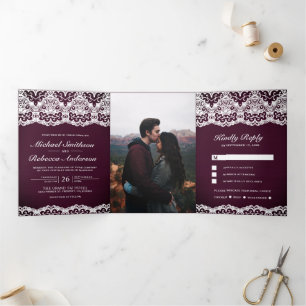 Pflaume Holz Land Lace Alles in Einem Hochzeit Dreifach Gefaltete Einladung