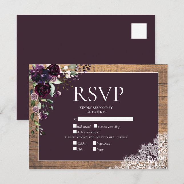 Pflaume Lila Blumenzange Rustikale Hochzeit RSVP Einladungspostkarte (Vorne/Hinten)
