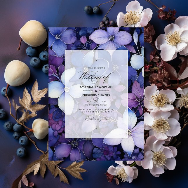 Pflaume, Navy Blue und Silver Floral Wedding Einladung (Von Creator hochgeladen)