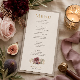 Pflaume & Olive Botanisches Hochzeitsmenü Menükarte