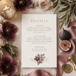 Pflaume & Oliven Botanische Hochzeitsdetails Karte