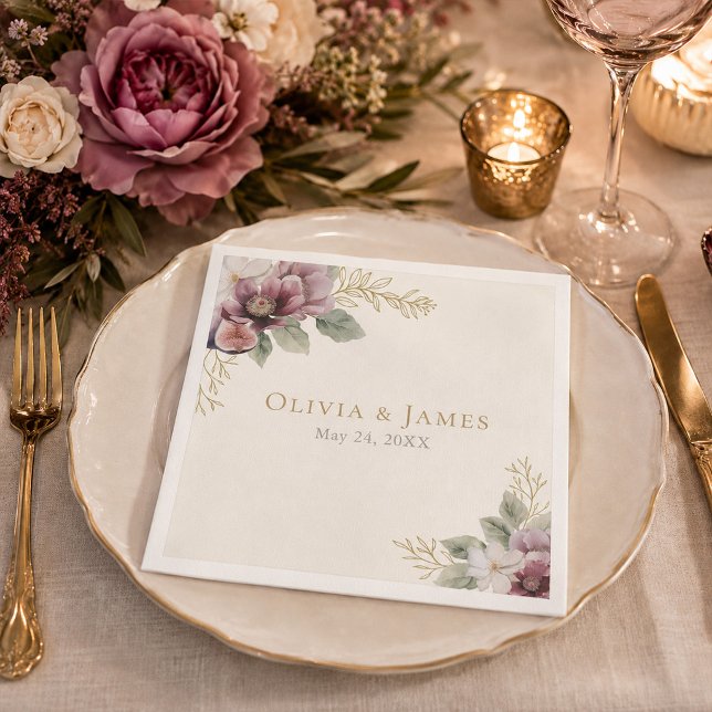 Pflaume & Oliven Botanische Hochzeitsserviette Serviette (Plum & Olive Botanical Wedding Napkin)