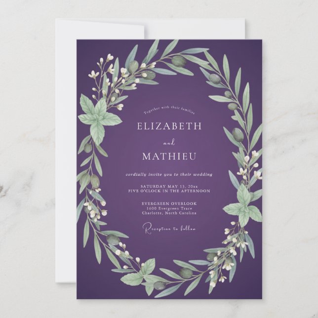 Pflaume Olivenblatt Hochzeit Einladung (Vorderseite)