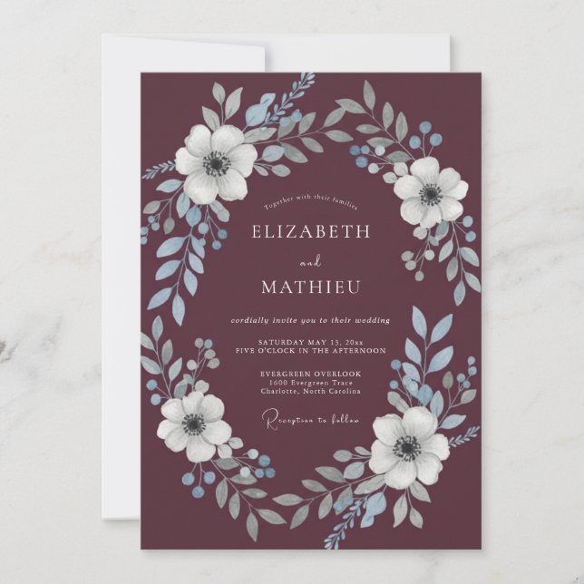Pflaume Perle Silber Kranz Hochzeit Einladung (Vorderseite)