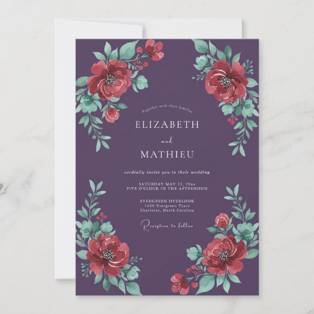 Pflaume Rote Rose Hochzeit Einladung (Vorderseite)