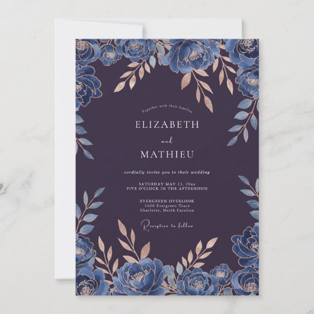 Pflaume Saphir Blatt Hochzeit Einladung (Vorderseite)