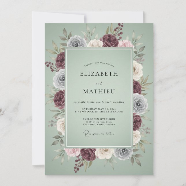 Pflaume Silber Kranz Hochzeit Einladung (Vorderseite)