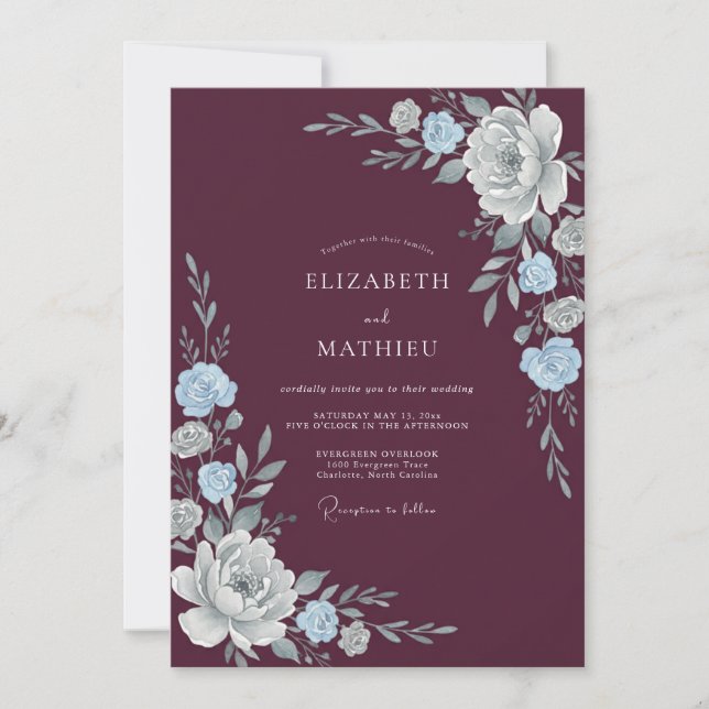 Pflaume Silberblatt Hochzeit Einladung (Vorderseite)