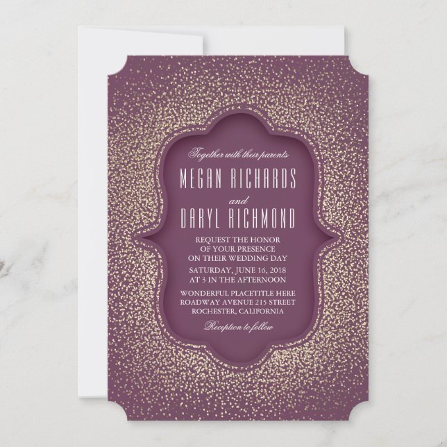 Pflaume und Gold Glitzer Vintage Wedding Einladung (Vorderseite)
