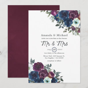 Pflaume und Marine-Blumen-Hochzeitseinladung Einladung