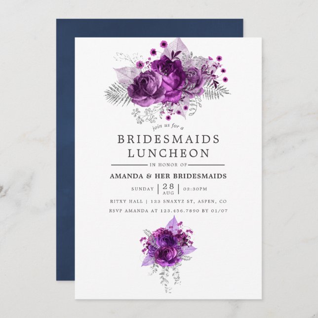 Pflaume und Marinebridmaids Luncheon Einladung (Vorne/Hinten)