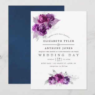 Pflaume und Navy-Aquarell-Blumenhochzeits-Einladun Einladung