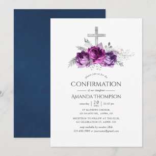 Pflaume und Navy Blumen Konfirmation Einladung