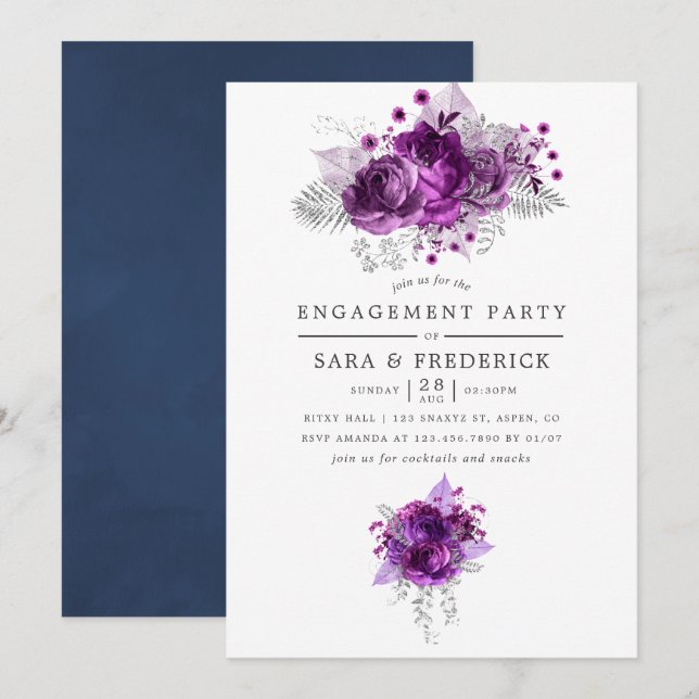 Pflaume und Navy-Flora-Engagement Einladung (Vorne/Hinten)