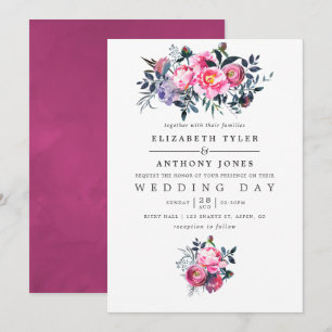 Pflaume und rosa Aquarell-Blumen-Hochzeitseinladun Einladung