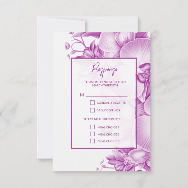 Pflaume und weiße Orchideen Hochzeitungs-RSVP-Reak RSVP Karte (Rückseite)