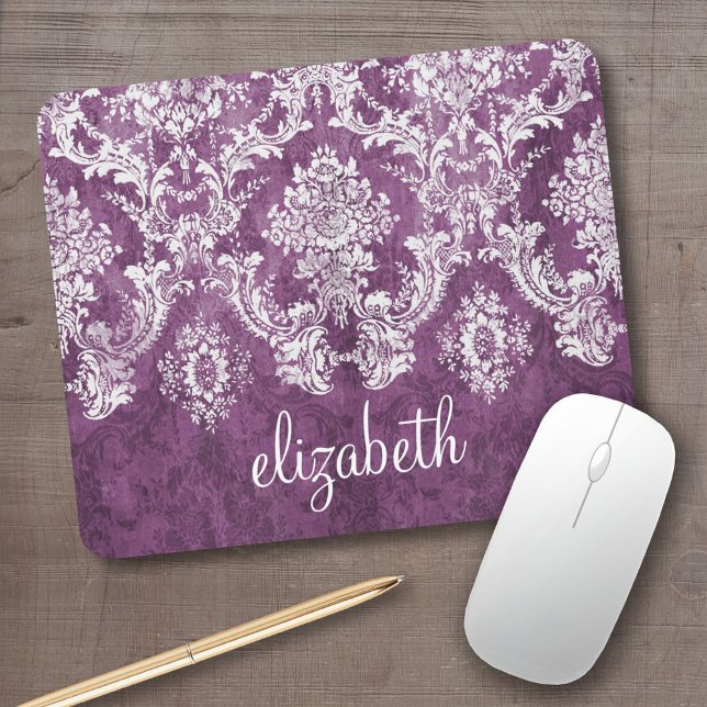 Pflaume Vintage-Damaskus-Muster und Name Mousepad (Personalized mousepad - add your photos and custom text)