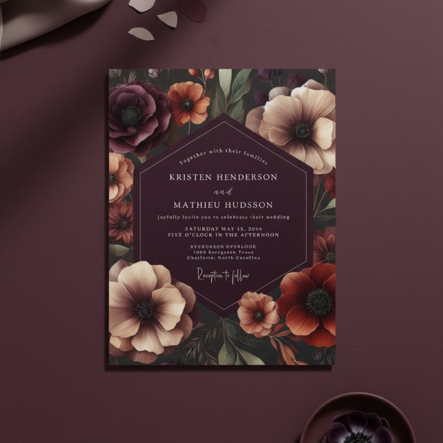 Pflaumen-Anemone Botanische Romanze Hochzeit Einladung (Von Creator hochgeladen)