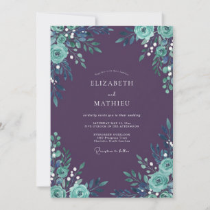 Pflaumen-Aqua-Blüten-Hochzeit Einladung