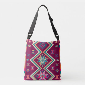 Pflaumen-Boho-Südwest-Geometrisches-Volks-Kunstmus Tragetaschen Mit Langen Trägern