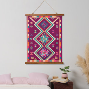 Pflaumen-Boho-Südwest-Geometrisches-Volks-Kunstmus Wandteppich Mit Holzrahmen
