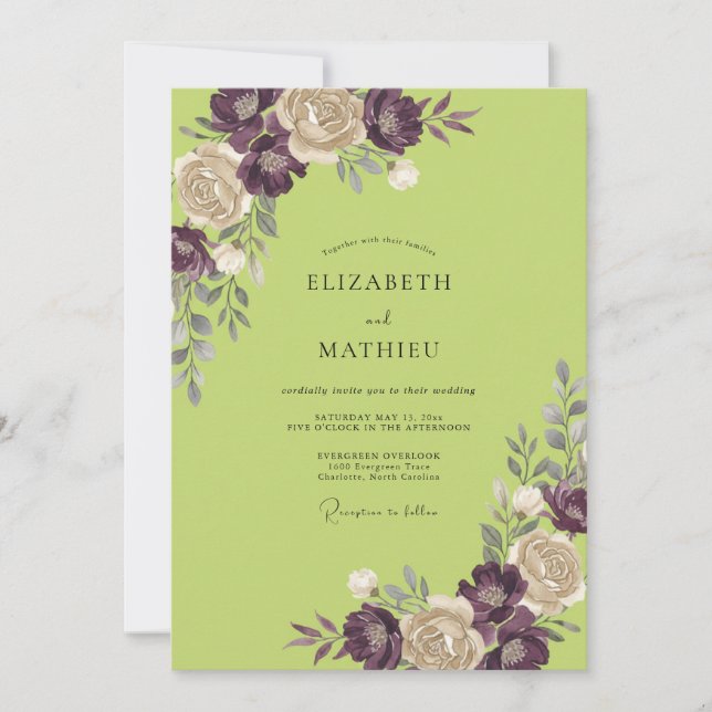 Pflaumen Chartreuse Gemalte Hochzeit Einladung (Vorderseite)