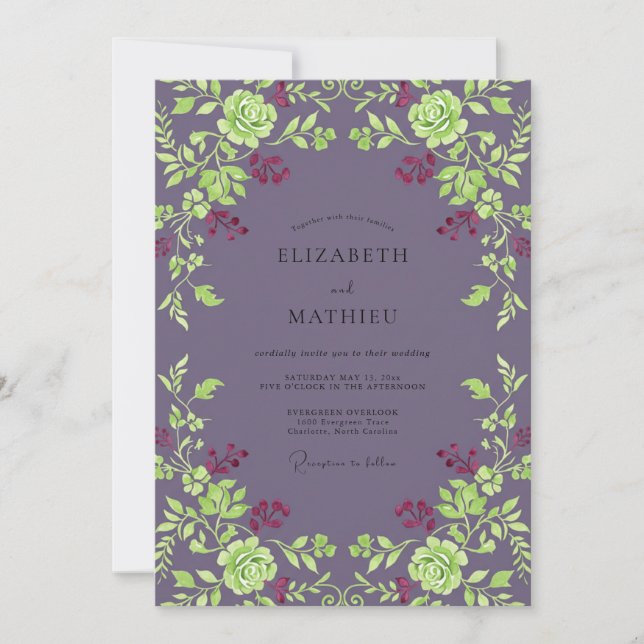Pflaumen Chartreuse Rosen Hochzeit Einladung (Vorderseite)