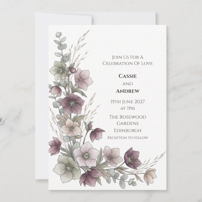 Pflaumen-Christrose-Eukalyptus-Botanische-Hochzeit Einladung (Vorderseite)