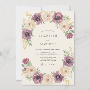 Pflaumen-Creme-Blumen Hochzeit Romantik Einladung