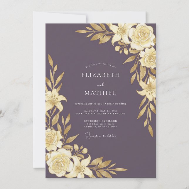 Pflaumen-Gold-Blatt-Hochzeit Einladung (Vorderseite)