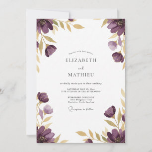 Pflaumen-Goldene Ätherische Florale Hochzeit Einladung