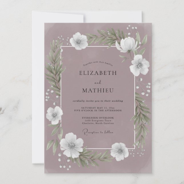 Pflaumen-Grau-Etherische-Anemone-Hochzeit Einladung (Vorderseite)