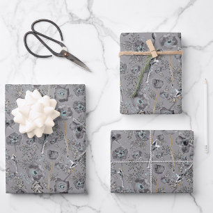 Pflaumen Graues, gelbes, florales Muster Geschenkpapier Set