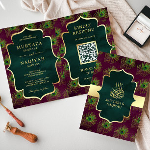 Pflaumen-Grün-Pfauenfedern-QR-Code-Muslim-Hochzeit Einladung