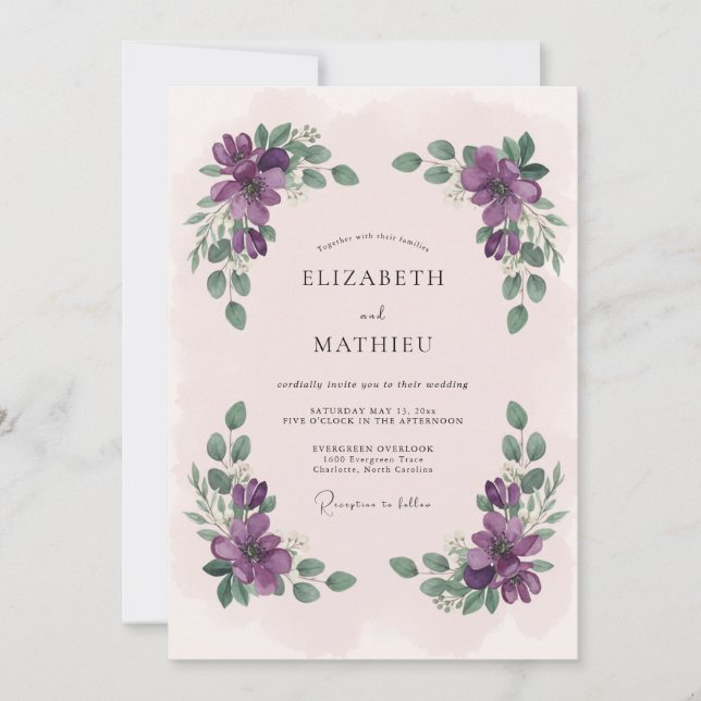 Pflaumen-Grüne Botanische Hochzeit Einladung (Vorderseite)